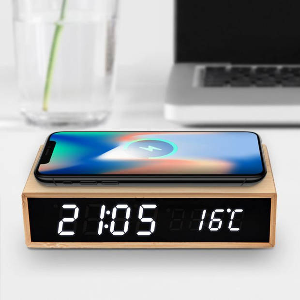 Bamboo wekker met Draadloze Oplader - Bamboo Wireless Charger Clock - Original