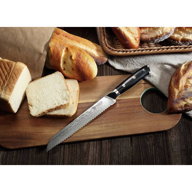 Paudin C2 Professioneel Broodmes 20 cm - Japans mes - Banket Mes - Echt Damascus Staal - Zwart Ergonomisch Handvat