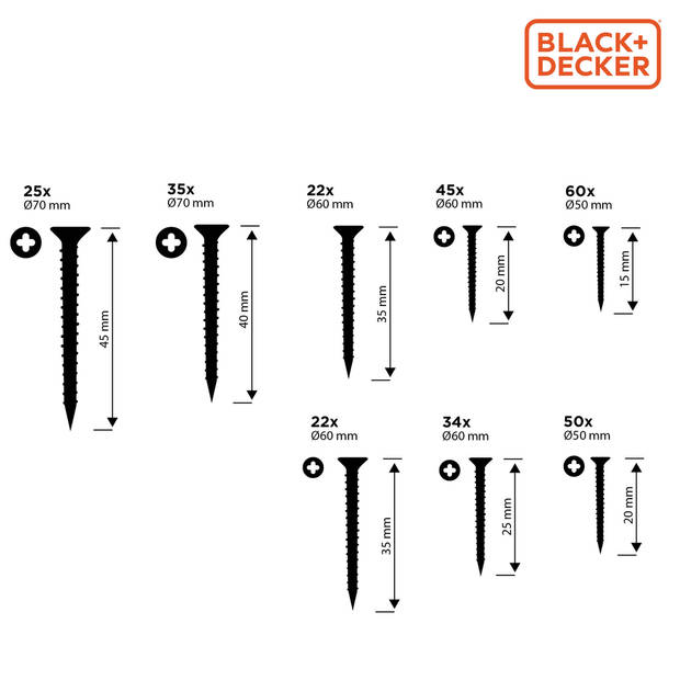 BLACK+DECKER Schroeven Assortiment - 332 Stuks - PH1 - PH2 - Hout Schroevenset