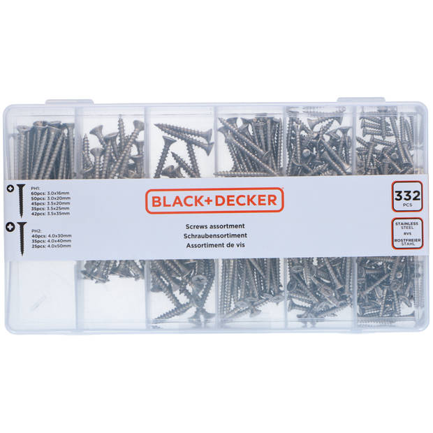 BLACK+DECKER Schroeven Assortiment - 332 Stuks - PH1 - PH2 - Hout Schroevenset