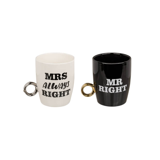 Porseleinen mokken Mr Right & Mrs Always Right - Wit en Zwart - koffiemok met tekst - Grappige mokken - Original