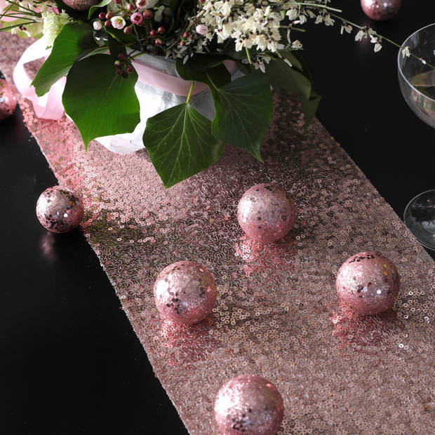 Santex Kerst tafelloper op rol - 2x - polyester - rose goud pailletten - 19 x 190 cm - Tafellakens