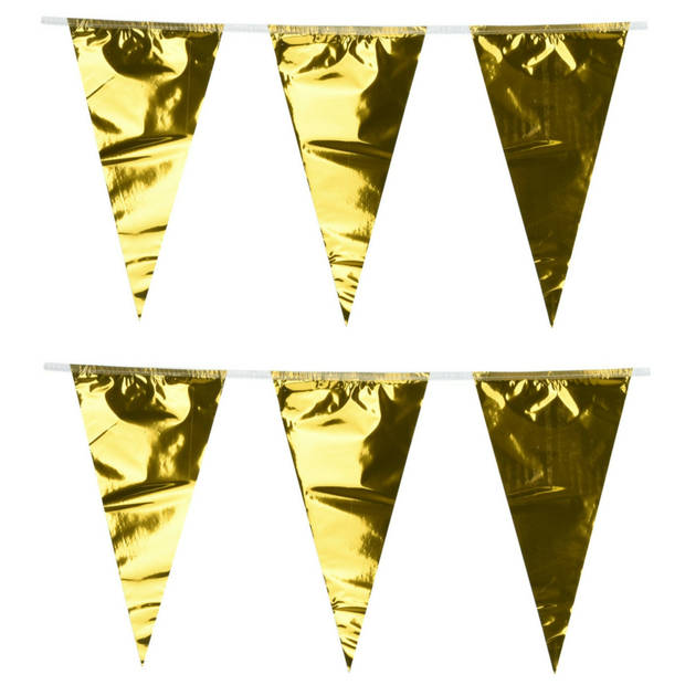 Party Vlaggenlijn - 2x - binnen/buiten - plastic - metallic goud - 6 m - 25 vlaggetjes - Vlaggenlijnen