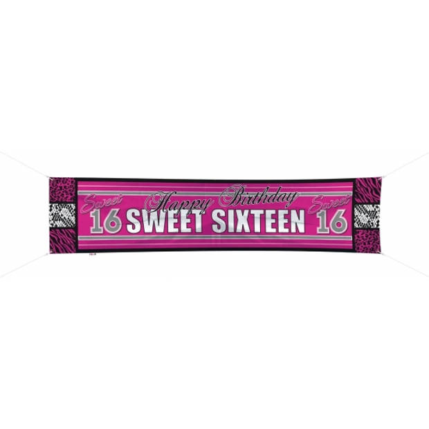 Sweet 16 verjaardag thema spandoek - roze/zwart - 180 x 40cm - 16e verjaardag versiering - Feestbanieren