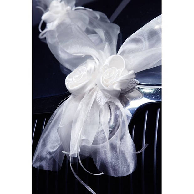 PartyDeco trouwauto organza lint Rozen - Bruiloft - wit - 2x stuks - just married - Feestdecoratievoorwerp