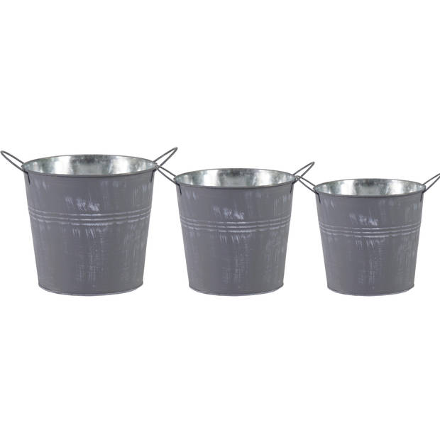 Emmer/plantenpot/bloempot - set van 3x stuks - zink - zilvergrijs - Emmers