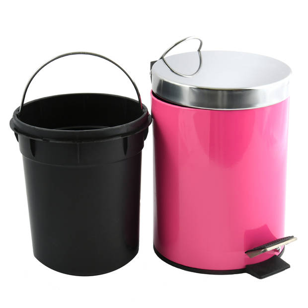 MSV Prullenbak/pedaalemmer - 2x - metaal - fuchsia roze - 3 liter - 17 x 25 cm - Pedaalemmers