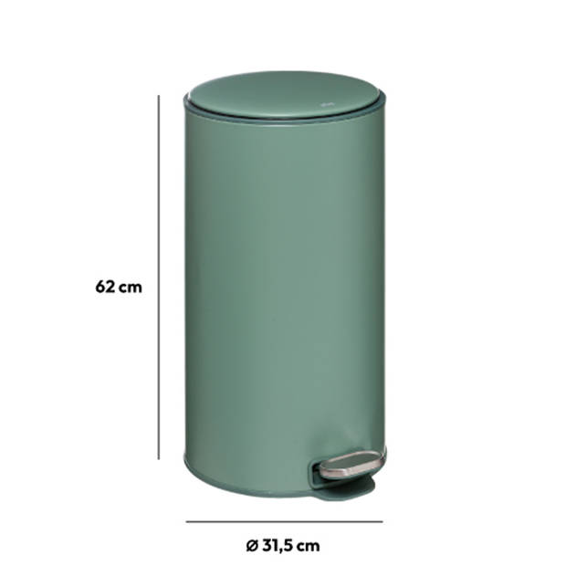 5Five Prullenbak/pedaalemmer - groen - metaal - 30 liter - 39 x 33 x 62 cm - keuken - Pedaalemmers