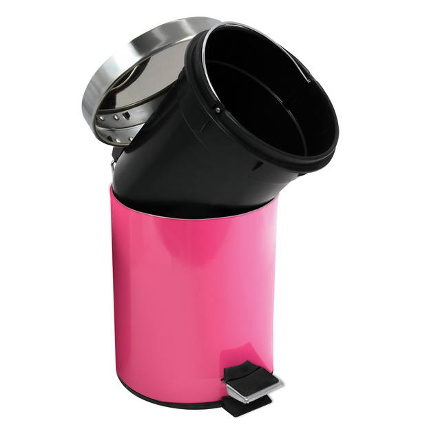 MSV Prullenbak/pedaalemmer - metaal - fuchsia roze - 3 liter - 17 x 25 cm - Badkamer/toilet - Pedaalemmers