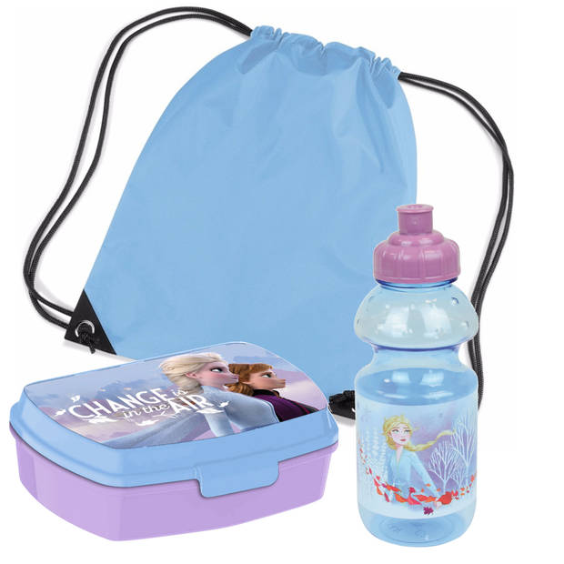 Disney Frozen lunchbox set voor kinderen - 3-delig - blauw/lila - incl. gymtas/schooltas - Lunchboxen