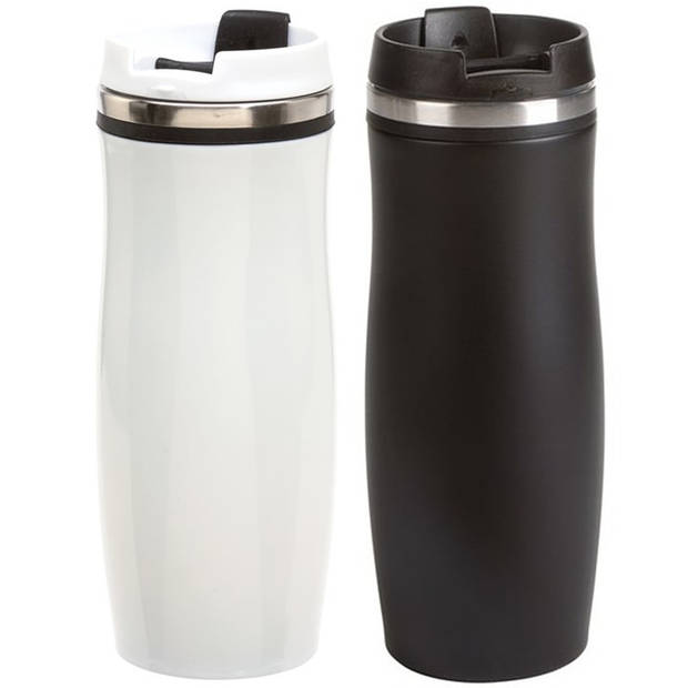 2x stuks isoleer/warmhoudbekers zwart en wit/zwart 400 ml - Thermosbeker