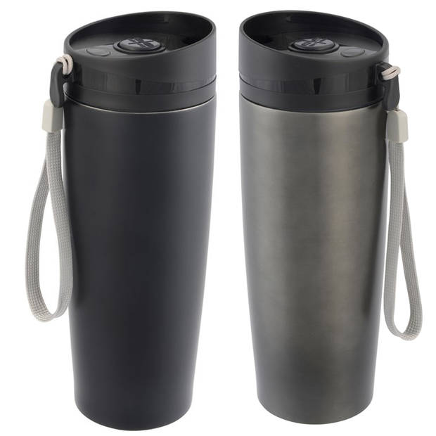 2x stuks RVS isoleer/warmhoudbekers zwart en grijs kleur 380 ml - Thermosbeker