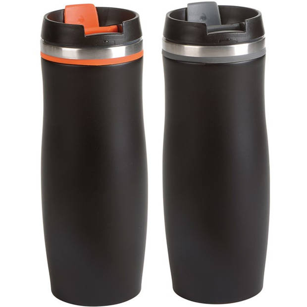 2x stuks isoleer/warmhoudbekers zwart/grijs en zwart/oranje 400 ml - Thermosbeker