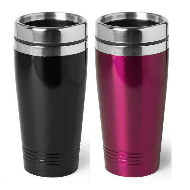 Set van 2x stuks Warmhoudbekers/warm houd bekers metallic zwart en roze 450 ml - Thermosbeker