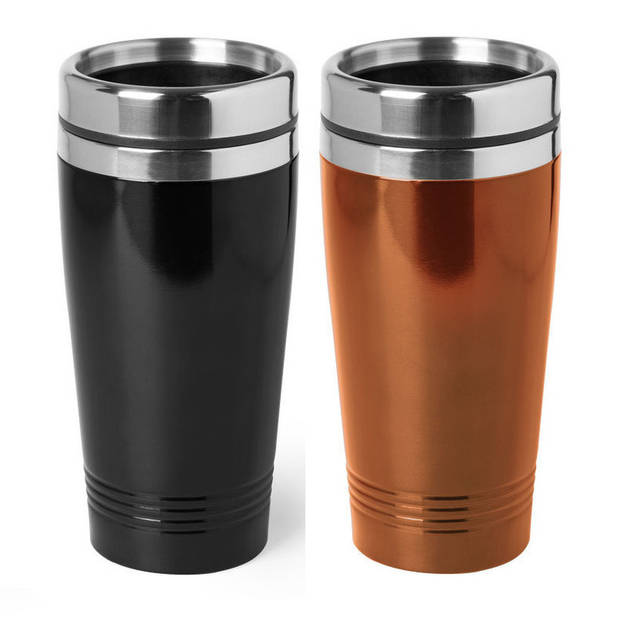 Set van 2x stuks Warmhoudbekers/warm houd bekers metallic zwart en oranje 450 ml - Thermosbeker