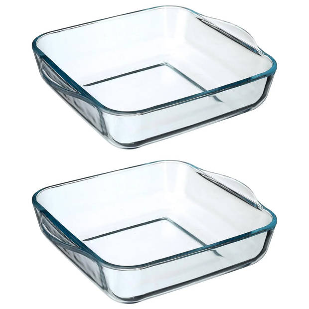 2x stuks ovenschaal vierkant - Transparant - Geglazuurd glas - 22 x 22 x 6 cm - Ovenschalen