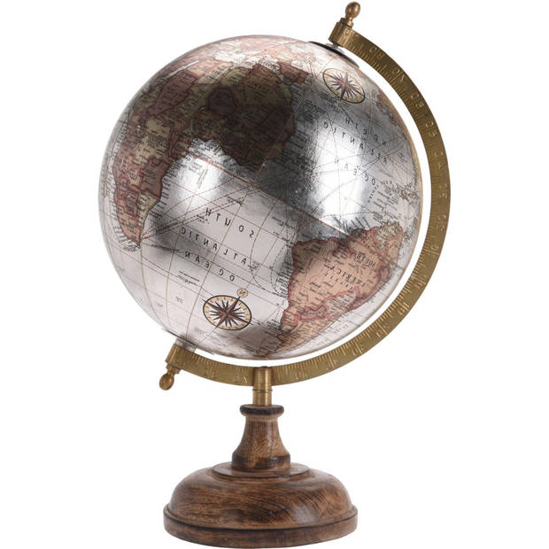 Decoratie wereldbol/globe creme metallic op houten voet D20 x H33 cm - Wereldbollen