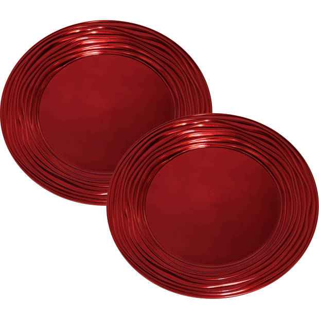 Set van 2x stuks kerstdiner onderborden rond rood glimmend 33 cm - Onderborden