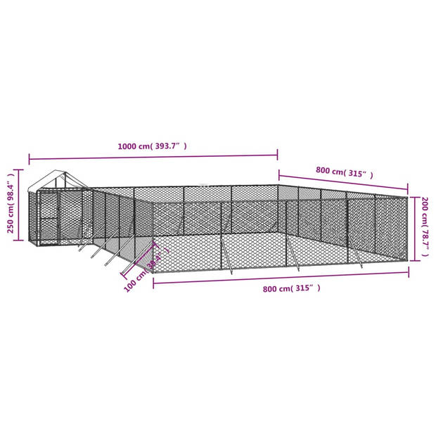 vidaXL Hondenkennel met dak 10x8x2,5 m gegalvaniseerd staal zilver