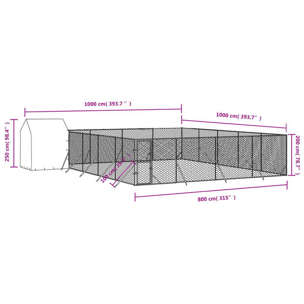 vidaXL Hondenkennel met dak 10x10x2,5 m gegalvaniseerd staal zilver