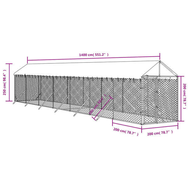 vidaXL Hondenkennel met dak 2x14x2,5 m gegalvaniseerd staal zilver