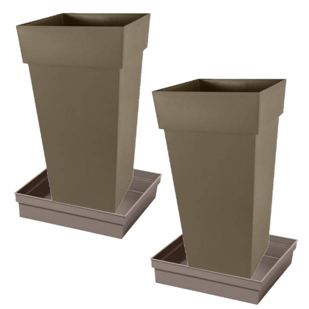 Set van 2x stuks bloempotten Toscane vierkant kunststof taupe 43 x 43 x 80 cm inclusief onderschalen - Plantenpotten