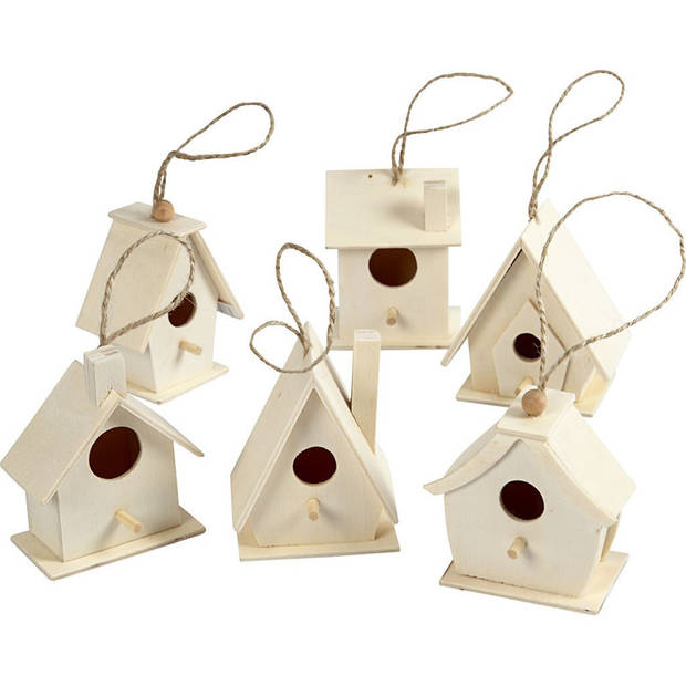 6x Houten hobby knutsel vogelhuisje 7 cm - Hobbydecoratieobject