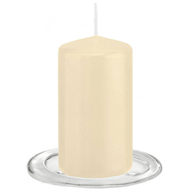 Trend Candles - Stompkaarsen met glazen onderzetters set van 2x stuks - creme wit 6 x 12 cm - Stompkaarsen