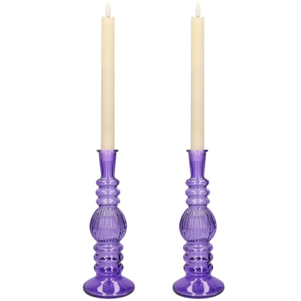 Kaarsen kandelaar Florence - 2x - paars glas - ribbel - D8,5 x H23 cm - kaars kandelaars