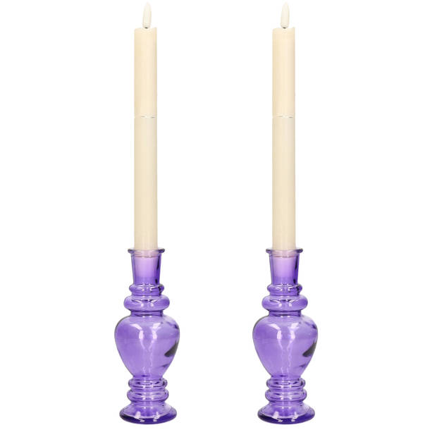 Kaarsen kandelaar Venice - 2x - gekleurd glas - helder paars - D5,7 x H15 cm - kaars kandelaars