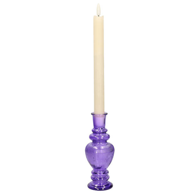 Kaarsen kandelaar Venice - gekleurd glas - ribbel paars - D5,7 x H15 cm - kaars kandelaars