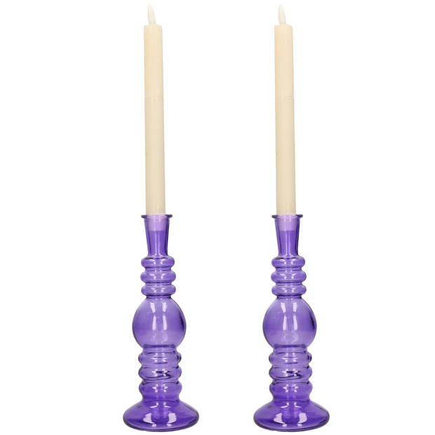 Kaarsen kandelaar Florence - 2x - paars glas - helder - D8,5 x H23 cm - kaars kandelaars