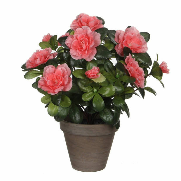 Groene Azalea kunstplant met perzikkleurige bloemen 27 cm met pot stan grey - Kunstplanten