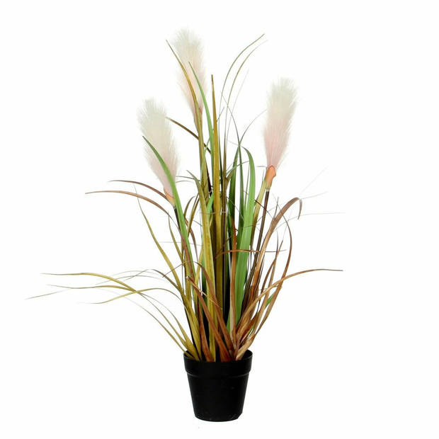 Kunstplant siergras met pluimen groen/bruin in zwarte pot 53 cm - Kunstplanten