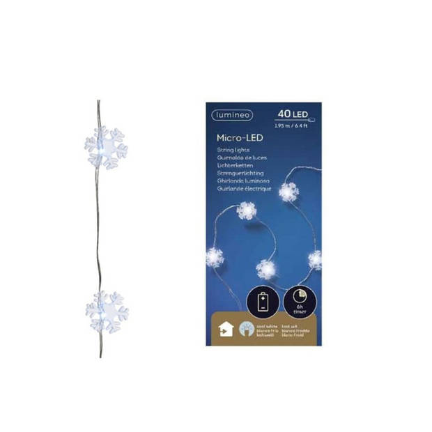 Lumineo Lichtsnoer - sneeuwvlokken - met timer - 40 LEDs - op batterij - kerstverlichting - Lichtsnoeren