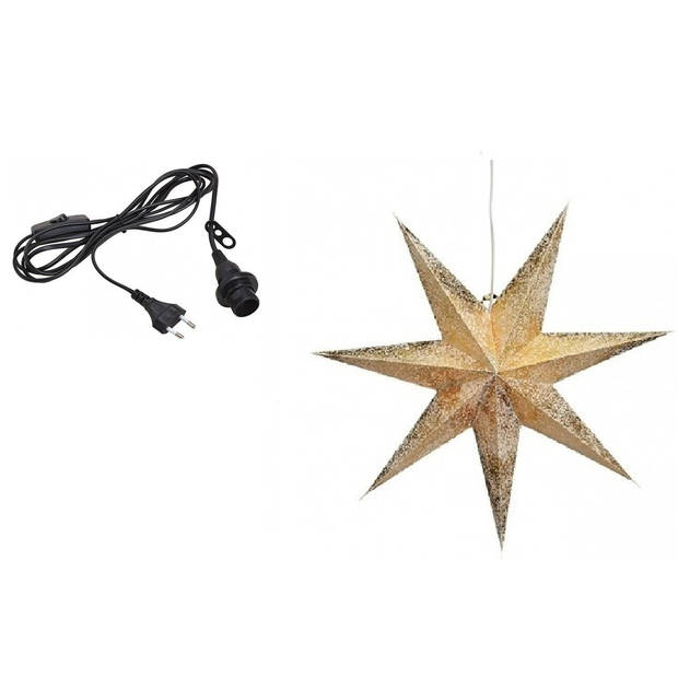 Kerstversiering gouden kerststerren 60 cm inclusief zwarte lichtkabel - Kerststerren