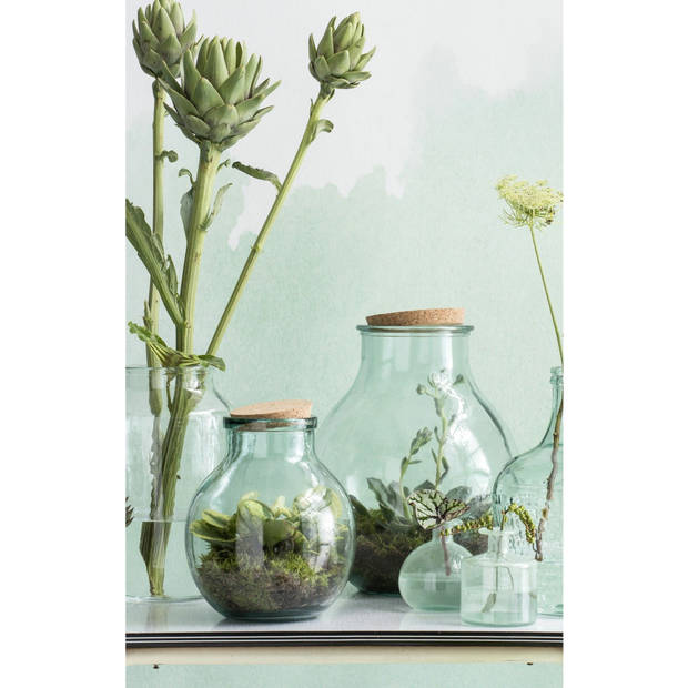 Mica ronde bloemenvazen/decoratie vazen/boeketvazen 21 x 25 cm transparant glas met kurk deksel - Vazen