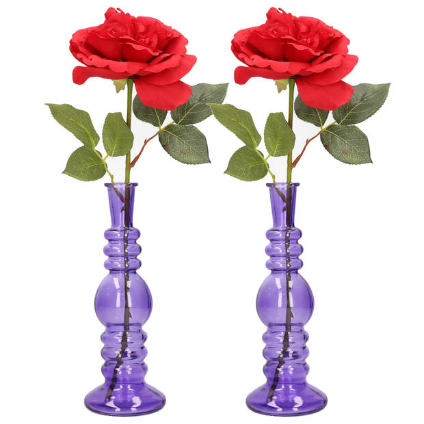 Ideas 4 Seasons Bloemenvaas Florence - 2x - paars glas - helder - D8,5 x H23 cm - Vazen