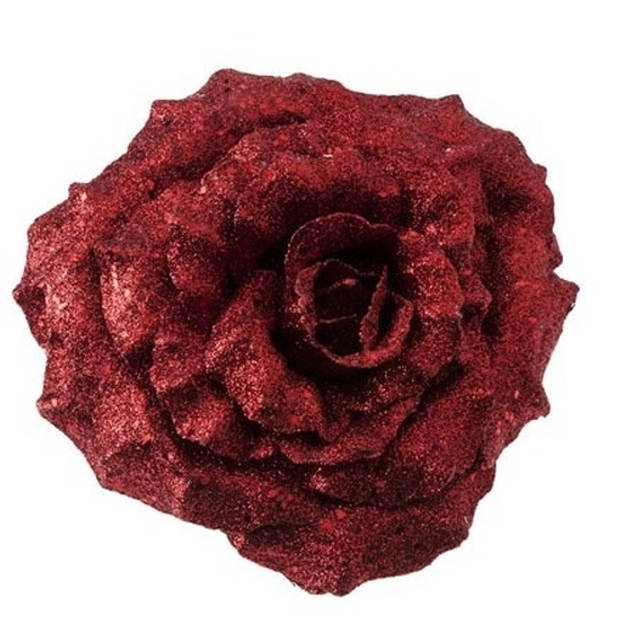 2x stuks kerstboomversiering bloem op clip rode glitter roos 18 cm - Kersthangers