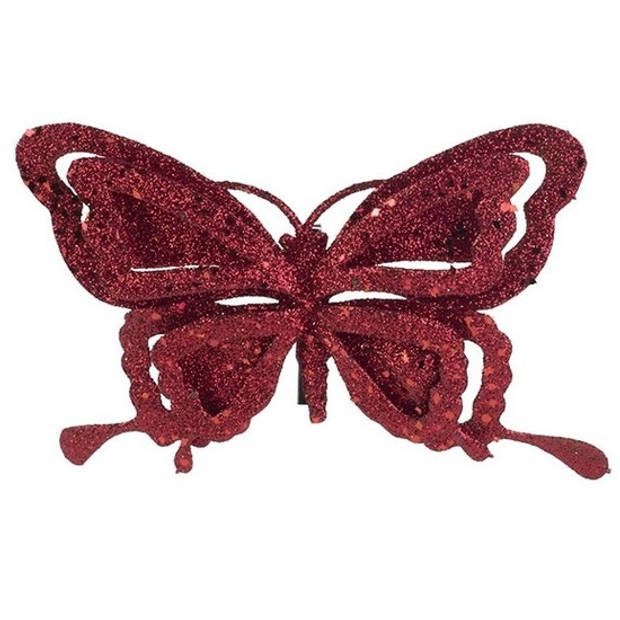 3x Kerstversieringen vlinder op clip glitter bordeaux rood 14 cm - Kersthangers