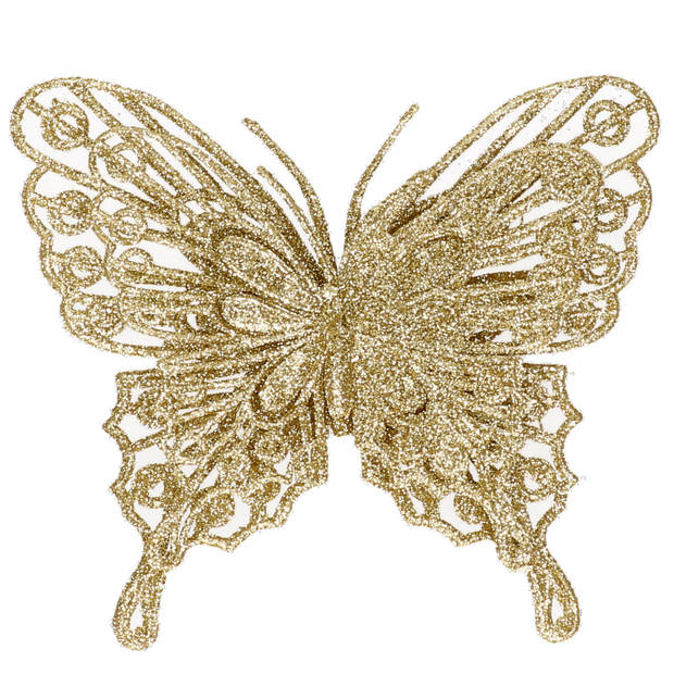 Cosy & Trendy Kersthangers op clip - 3ST - vlinders - goud - glitter - 11 cm - Kersthangers