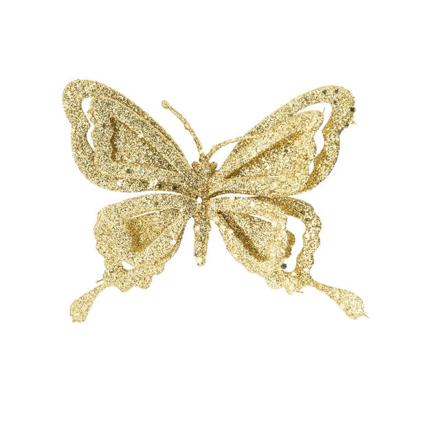 2x stuks kerstboom decoratie vlinders op clip glitter goud 14 cm - Kersthangers