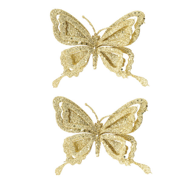 4x stuks kerstboom decoratie vlinders op clip glitter goud 14 cm - Kersthangers