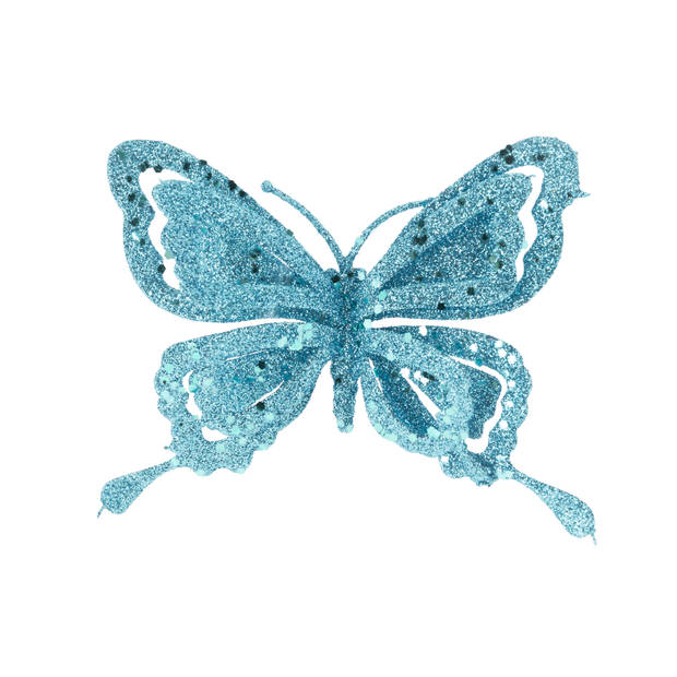 2x stuks kerstboom decoratie vlinders op clip glitter blauw 14 cm - Kersthangers