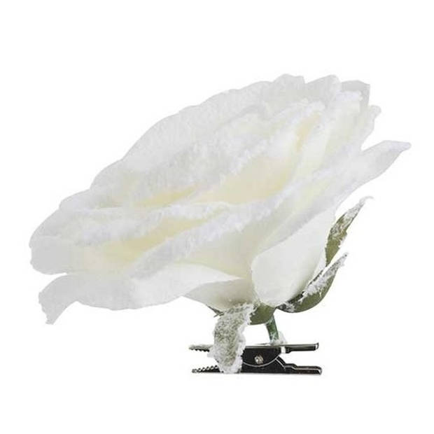 3x Kerstversieringen witte roos met sneeuw op clip 15 x 5 cm - Kersthangers