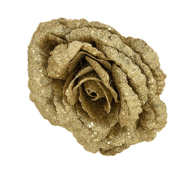 2x stuks kerstboom decoratie bloemen roos goud glitter op clip 18 cm - Kersthangers