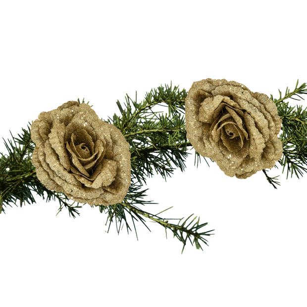 2x stuks kerstboom decoratie bloemen roos goud glitter op clip 18 cm - Kersthangers