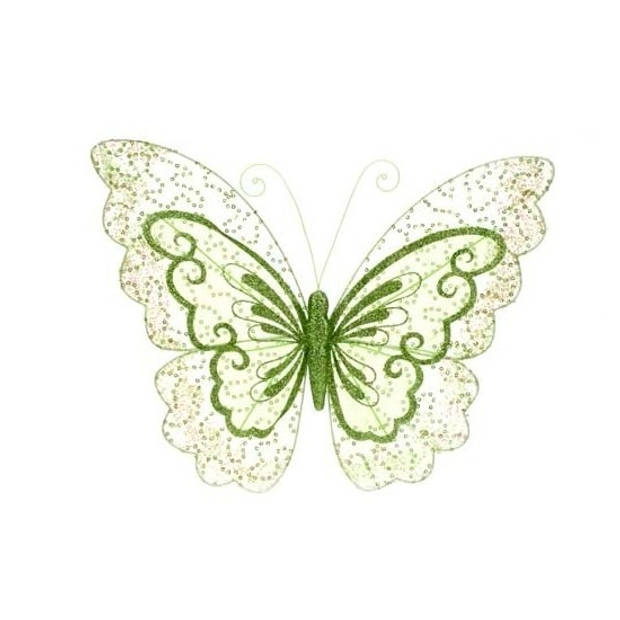 2x stuks kerstboom decoratie vlinders op clip glitter groen 34 cm - Kersthangers