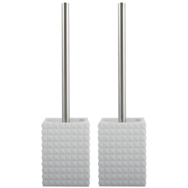 MSV Toiletborstel houder Kubik - 2x - kunststeen - wit/zilver - 37 cm - Toiletborstels