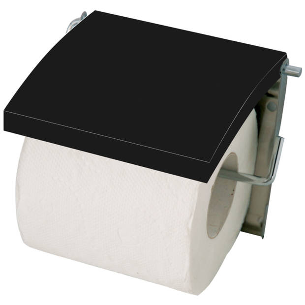 MSV Toiletrolhouder wand/muur - metaal en MDF hout klepje - zwart - Toiletrolhouders